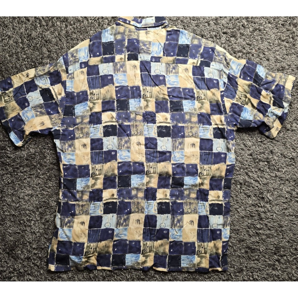Pierre Cardin Mens Large Blue Tan Abstract Geometric Rayon Short Sleeve Shirt - Picture 5 of 5